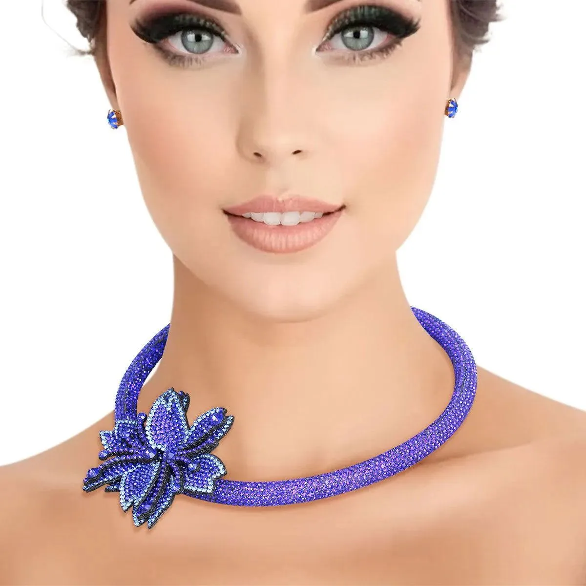 Choker Royal Blue Bling Pointed Flower Set Women