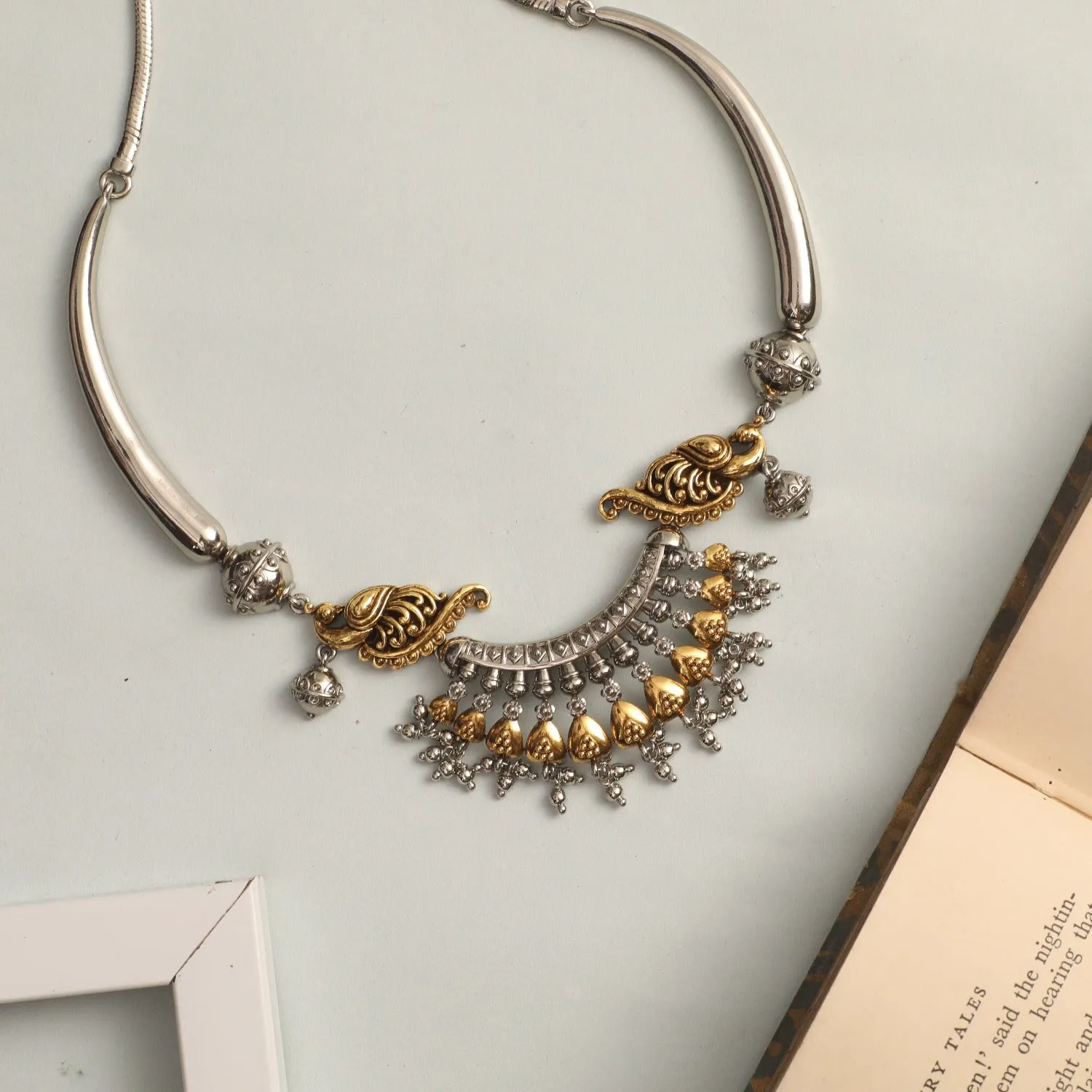 Classic Peacock Oxidized Silver Hasli Necklace