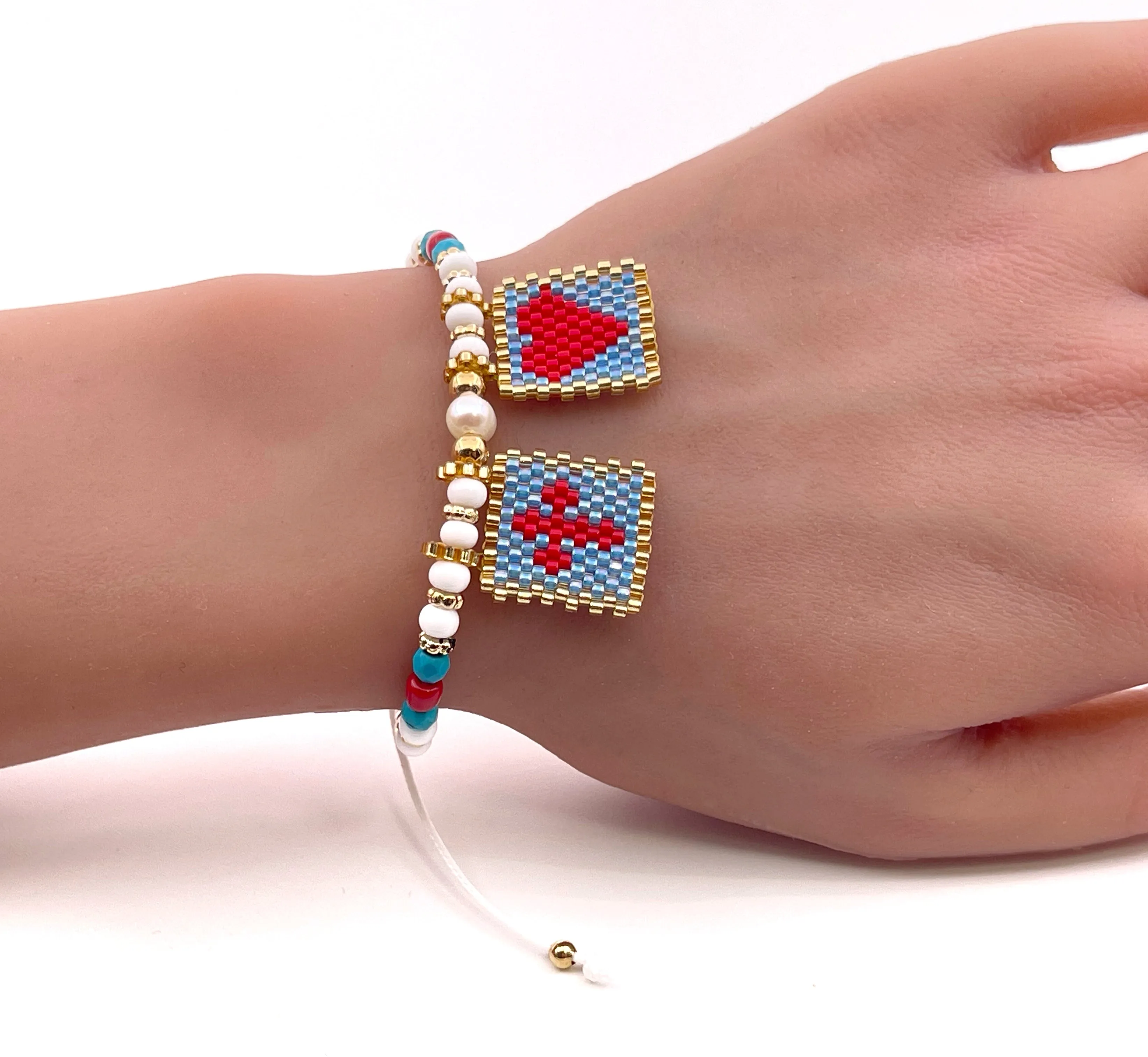 Colorful Scapular Medal Adjustable Beaded Summer Bracelet with Sacred Heart and Cross Symbols