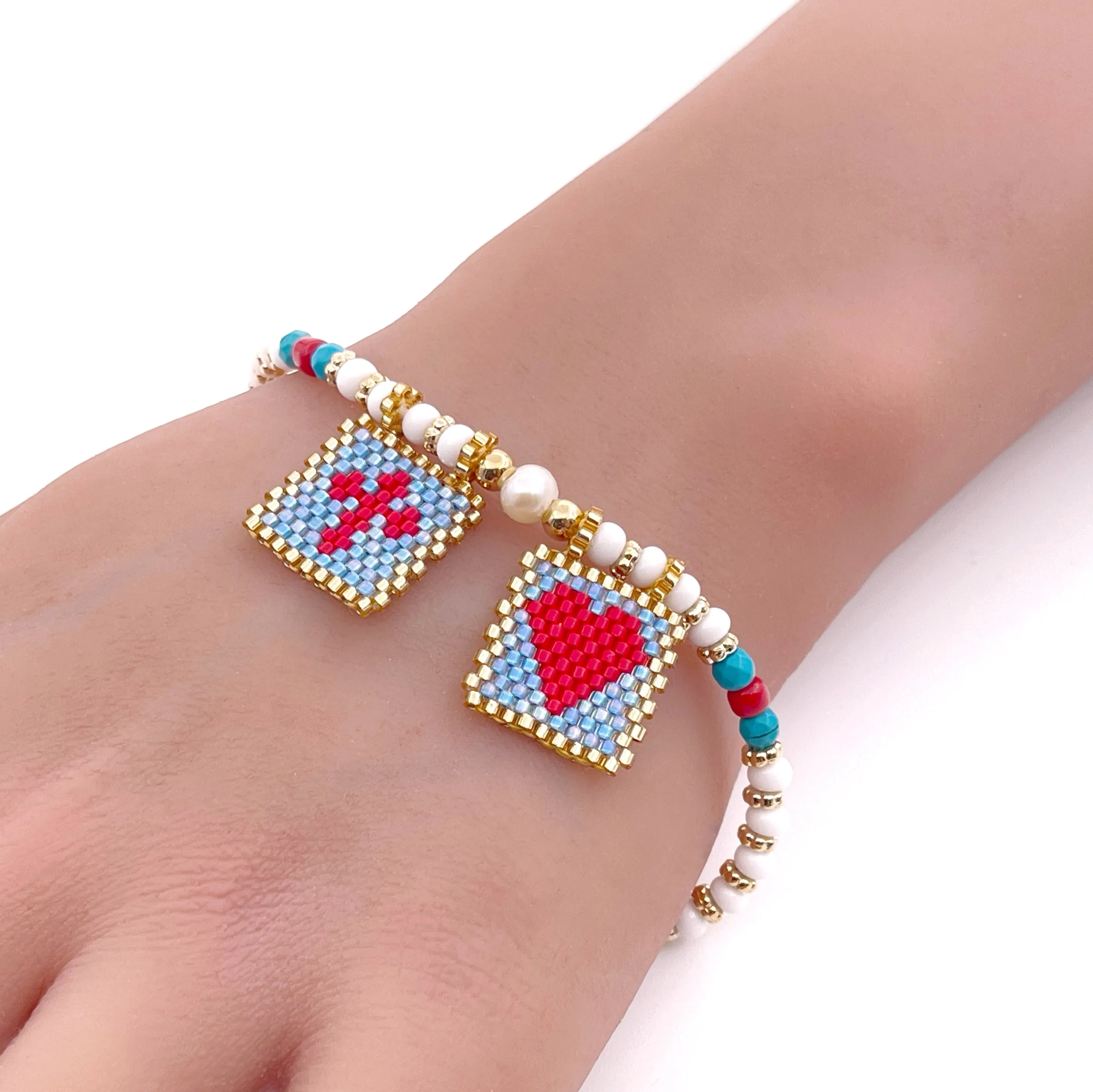 Colorful Scapular Medal Adjustable Beaded Summer Bracelet with Sacred Heart and Cross Symbols