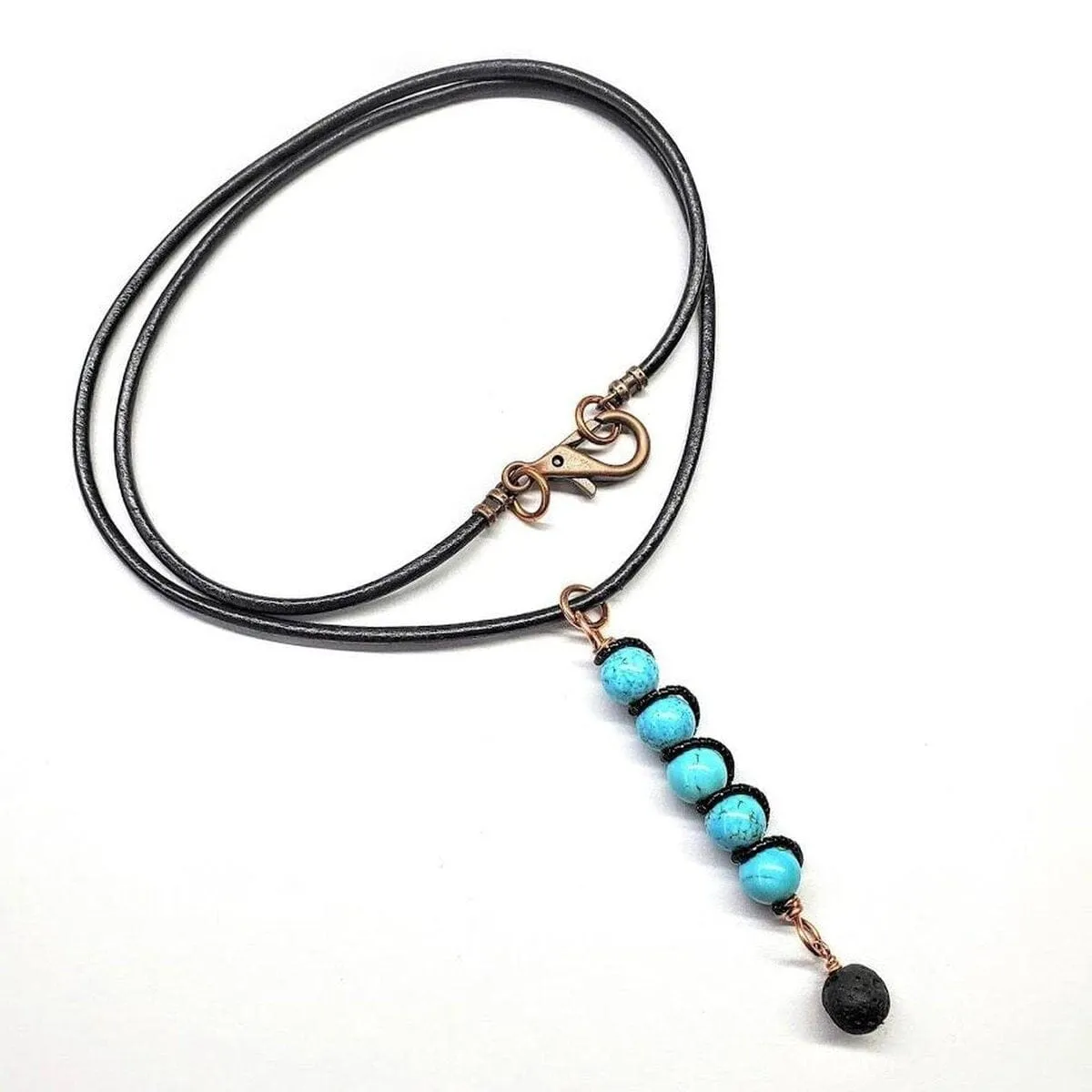 Copper Spiral Turquoise Stick Pendant With Essential Oil Lava Rock Bead Charm