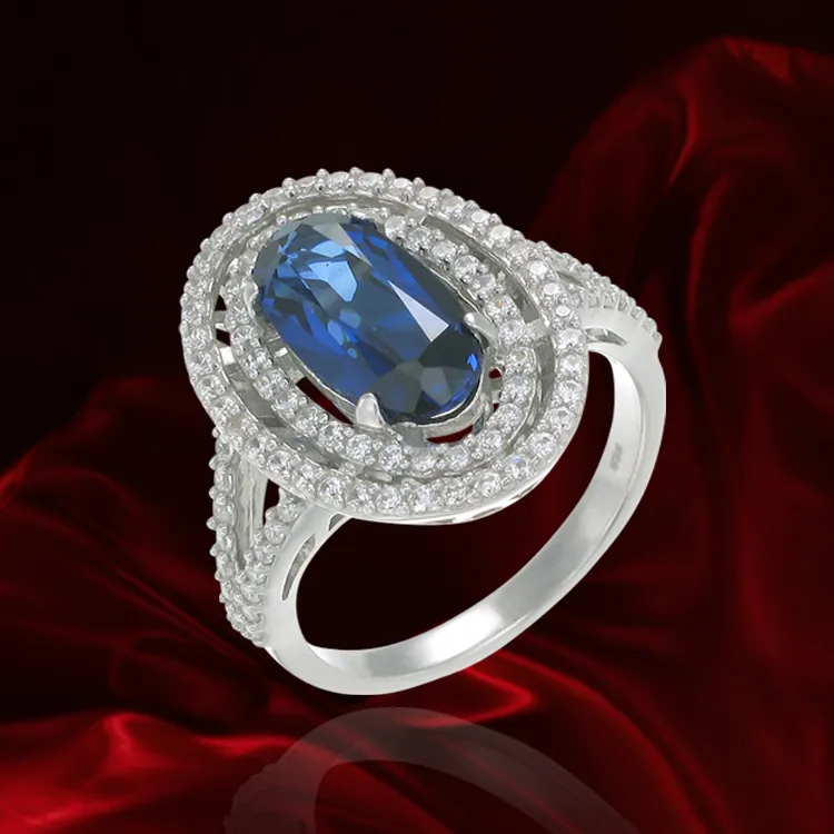 Double Halo Ring with Blue Sapphire