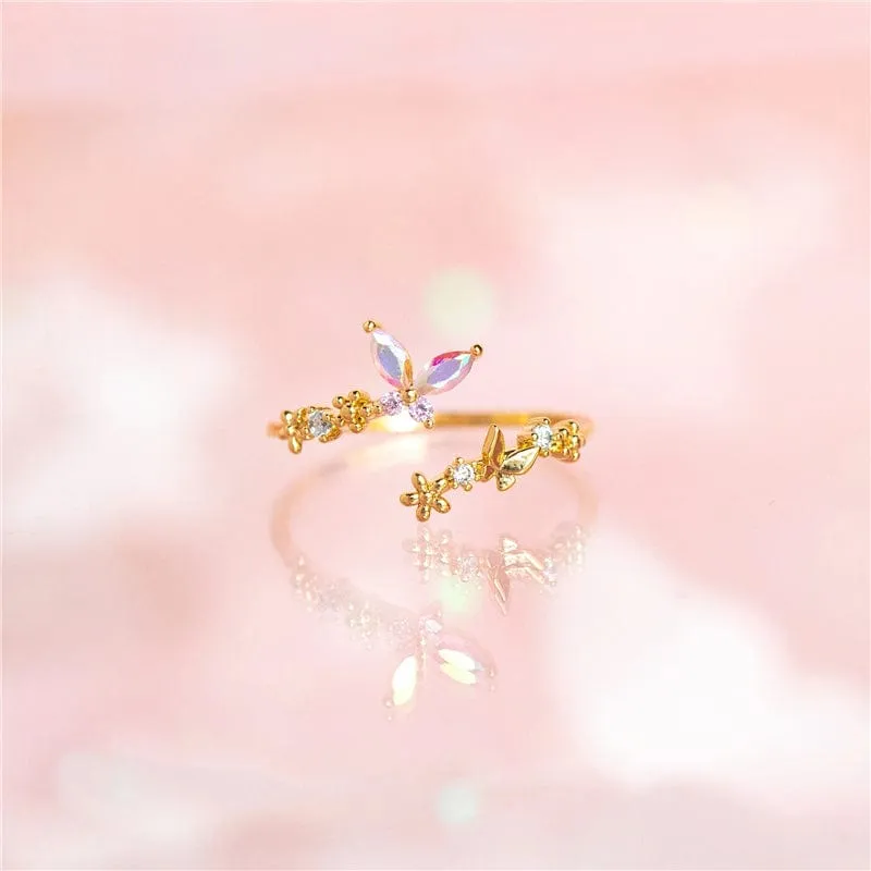 Elegant Adjustable Floral Butterfly Ring