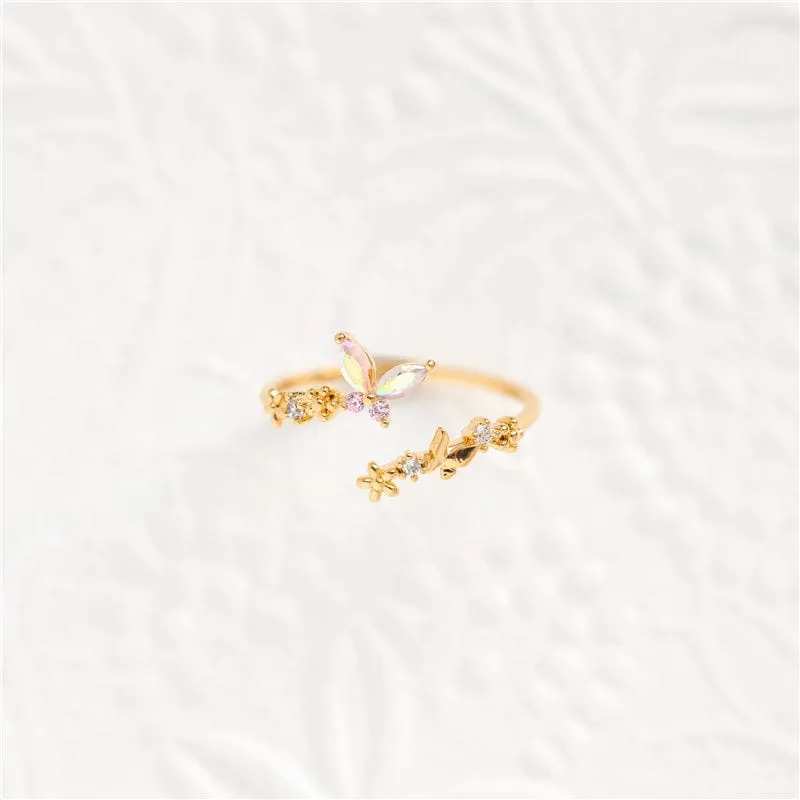 Elegant Adjustable Floral Butterfly Ring