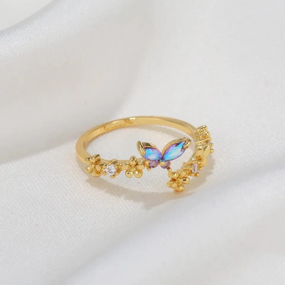 Elegant Adjustable Floral Butterfly Ring