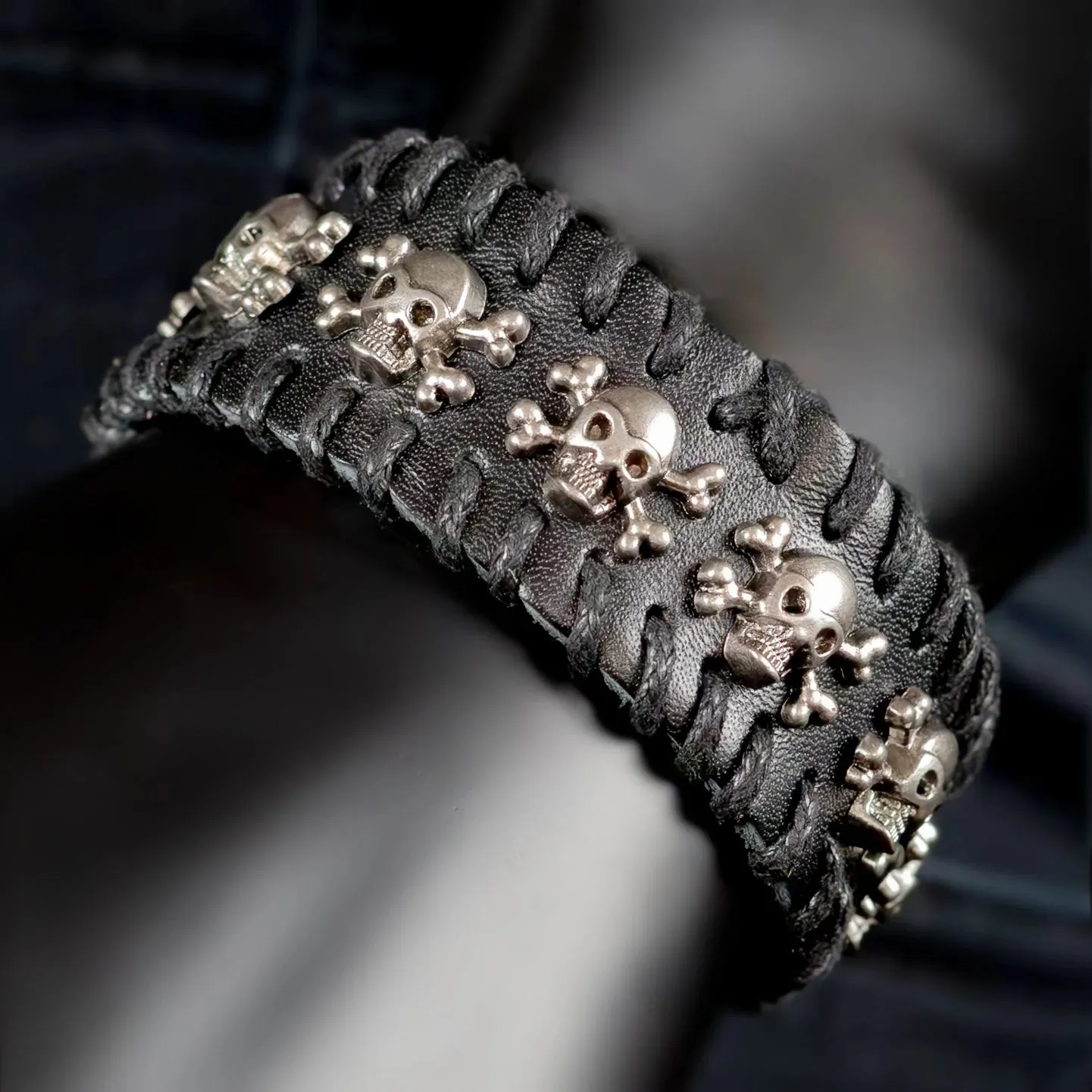 Ferdino Leather Cuff Bracelet with Skeleton Skull