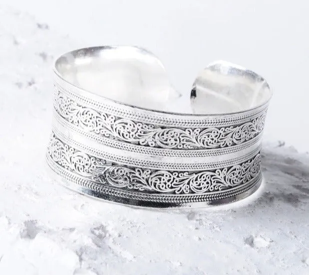 Georgina Silver Boho Antalya Carved Bangle Bracelet