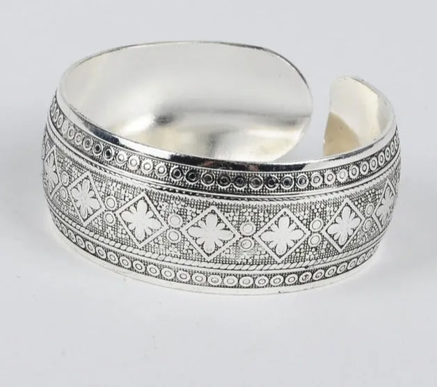 Georgina Silver Boho Antalya Carved Bangle Bracelet