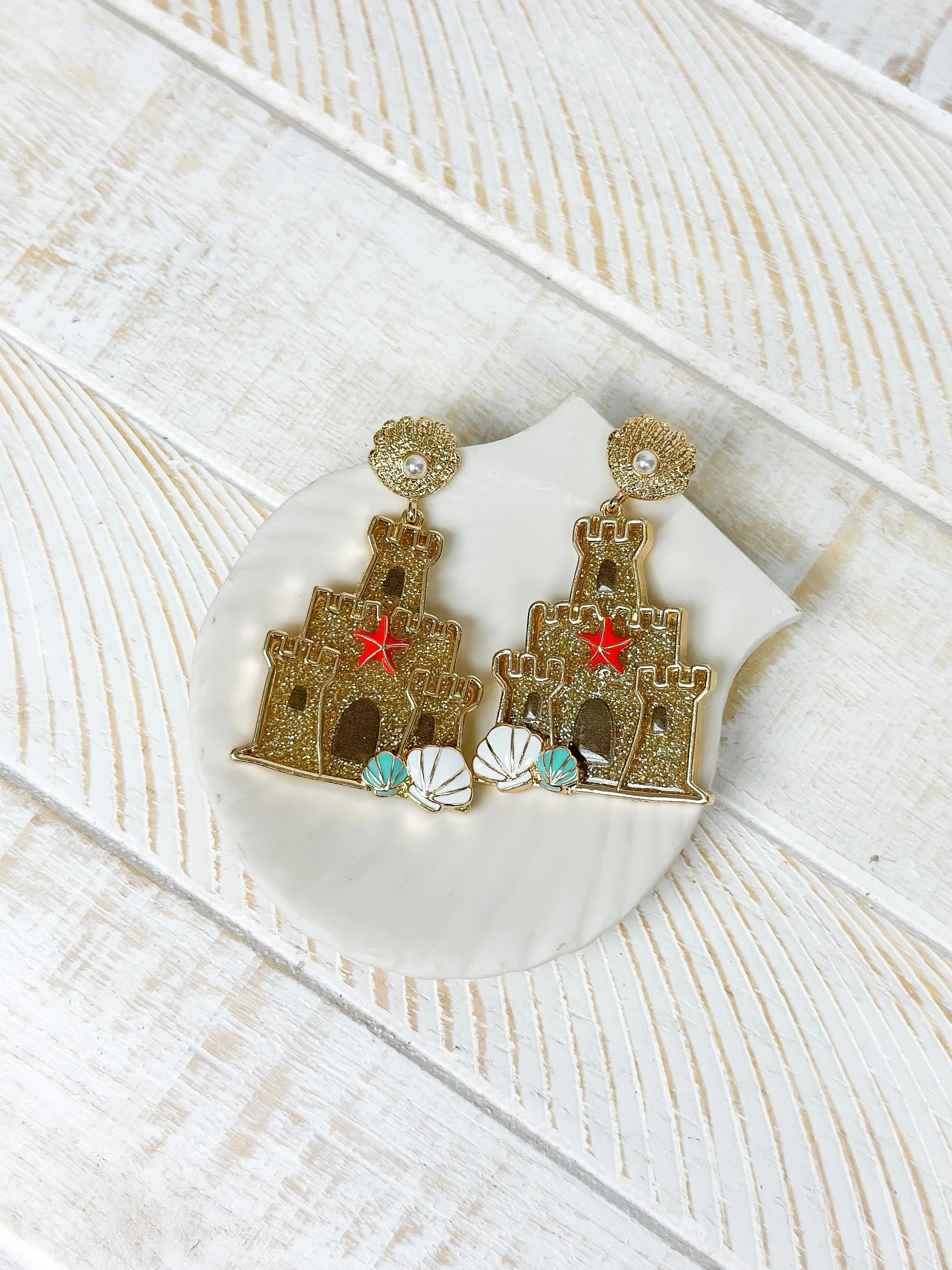 Glitter Sand Castle & Shell Drop Earrings