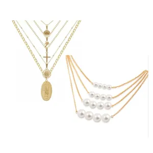 Golden Glamour & Pearls: 5 Layer Zeus Chain Necklace Set of 2