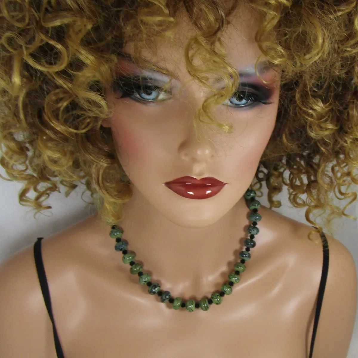 Green and Black Artisan Handmade Lampwork Bead Necklace