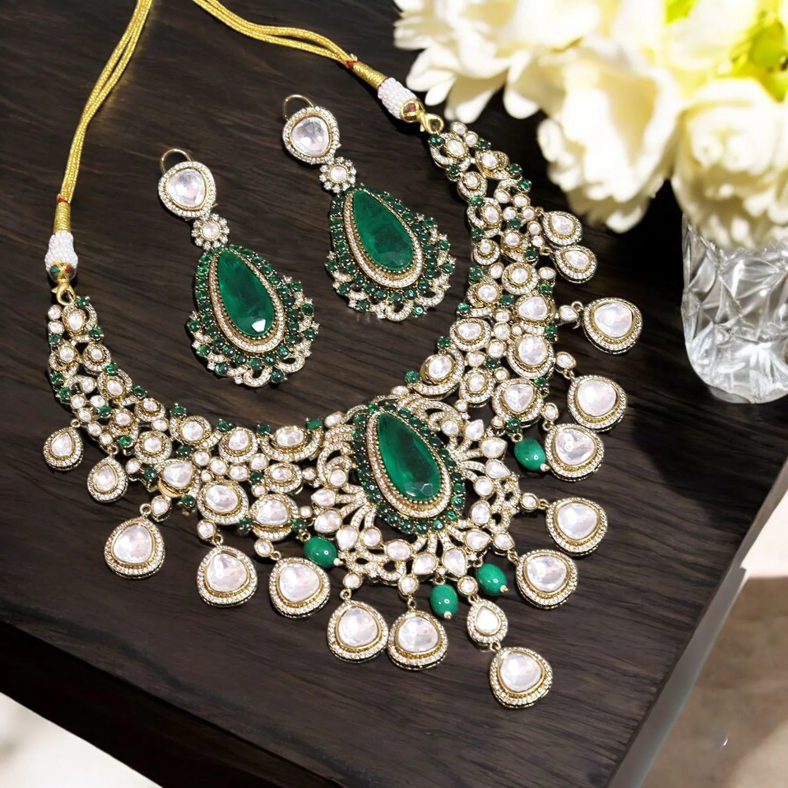 Green Bridal Green Celebrity Kundan Choker Jewelry Set, Polki Jewellery, Bollywood Inspired Indian Jewelry Set