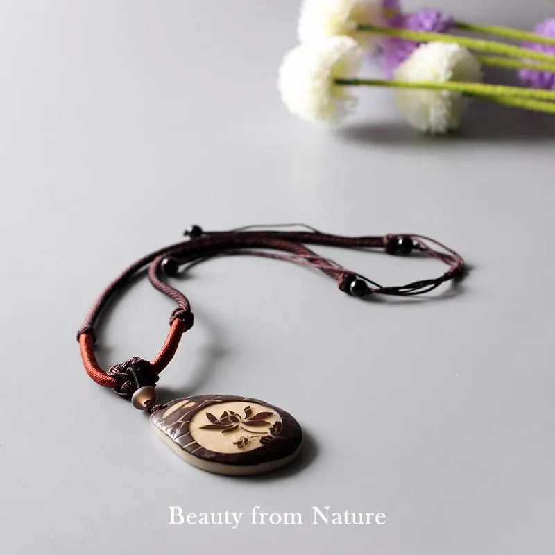 Hand-carved Tagua Nut Lotus Flower Pendant Necklace