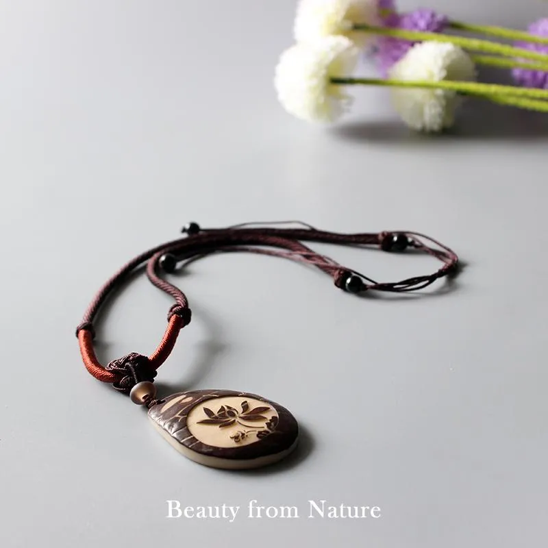 Hand-carved Tagua Nut Lotus Flower Pendant Necklace