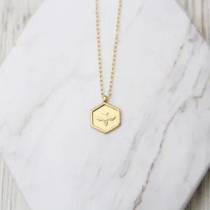 Hex with Bee Necklace - Brushed Gold Vermeil