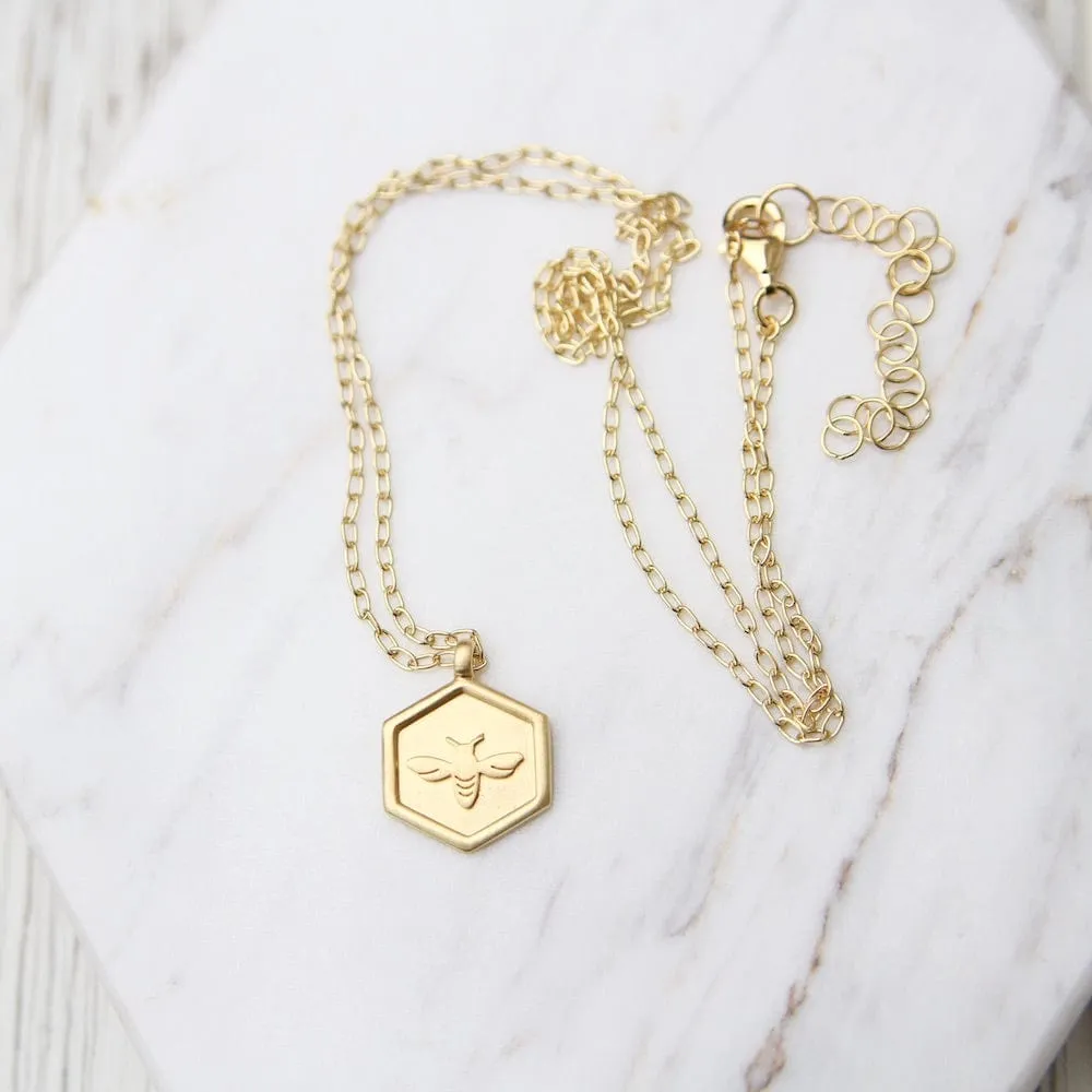 Hex with Bee Necklace - Brushed Gold Vermeil