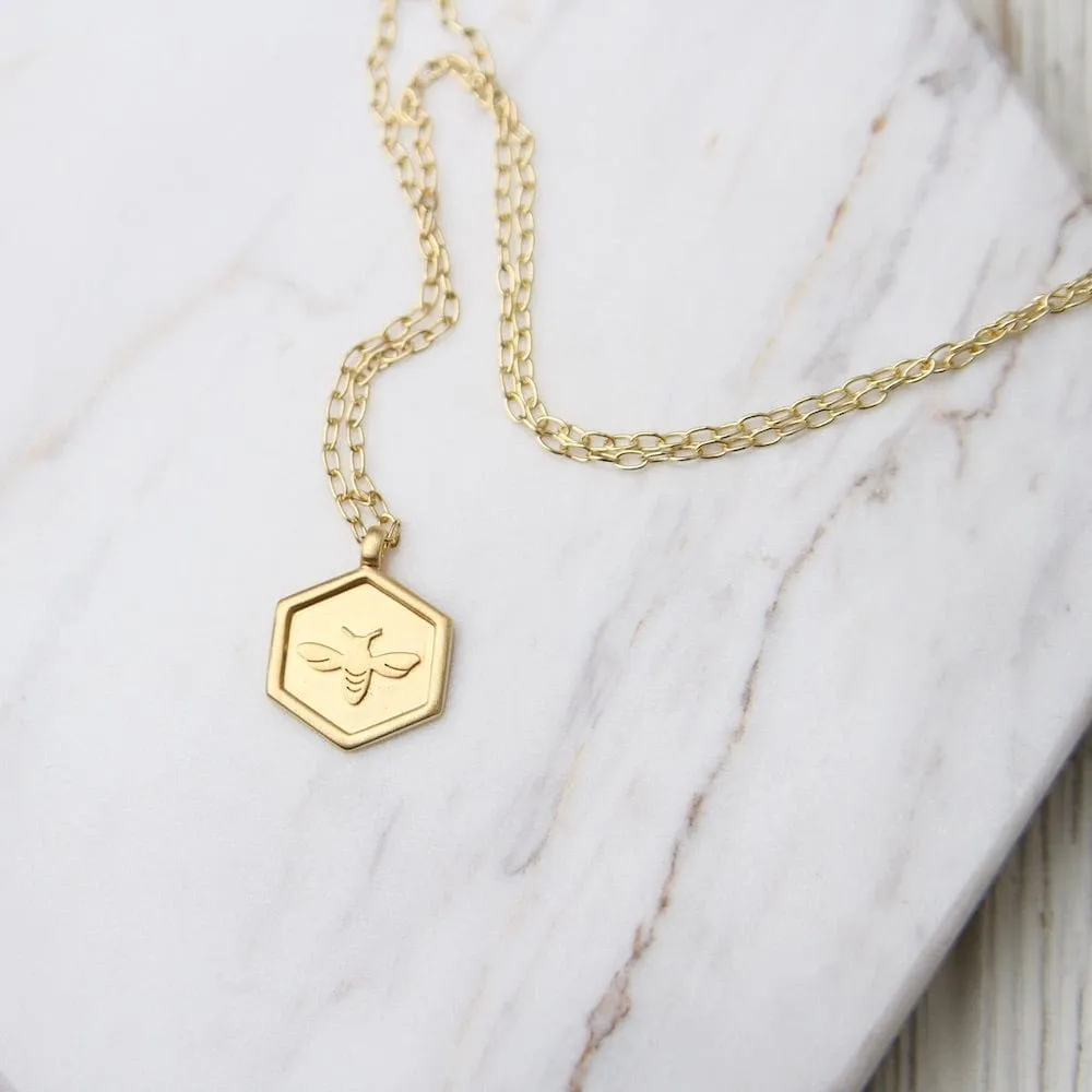 Hex with Bee Necklace - Brushed Gold Vermeil