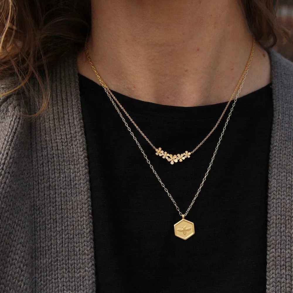 Hex with Bee Necklace - Brushed Gold Vermeil