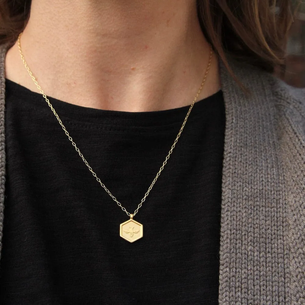 Hex with Bee Necklace - Brushed Gold Vermeil