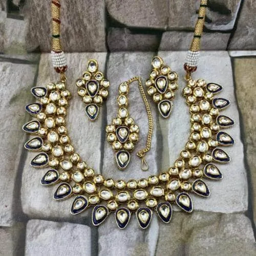 Inverted Drop Meena Outline Necklace And Earring Set