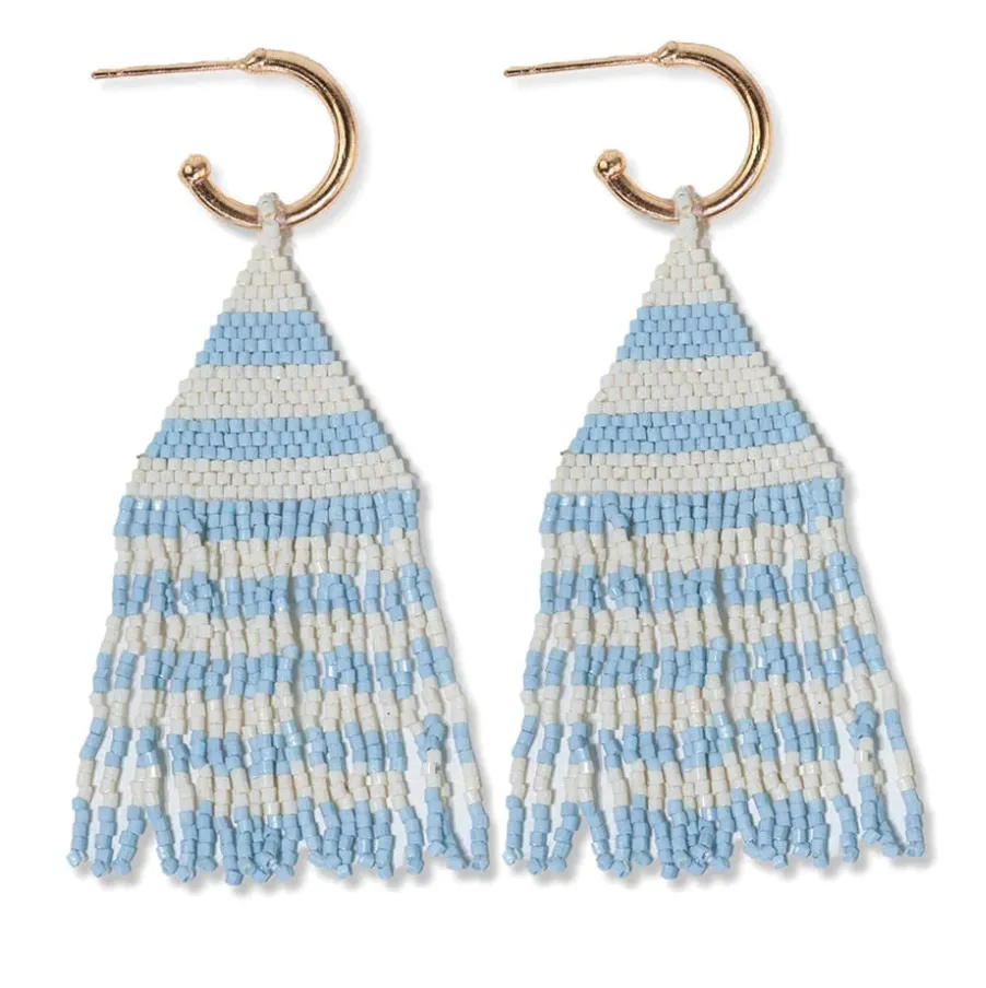 James Mini Gold Hoop Two Tone Stripes Beaded Fringe Earrings Light Blue