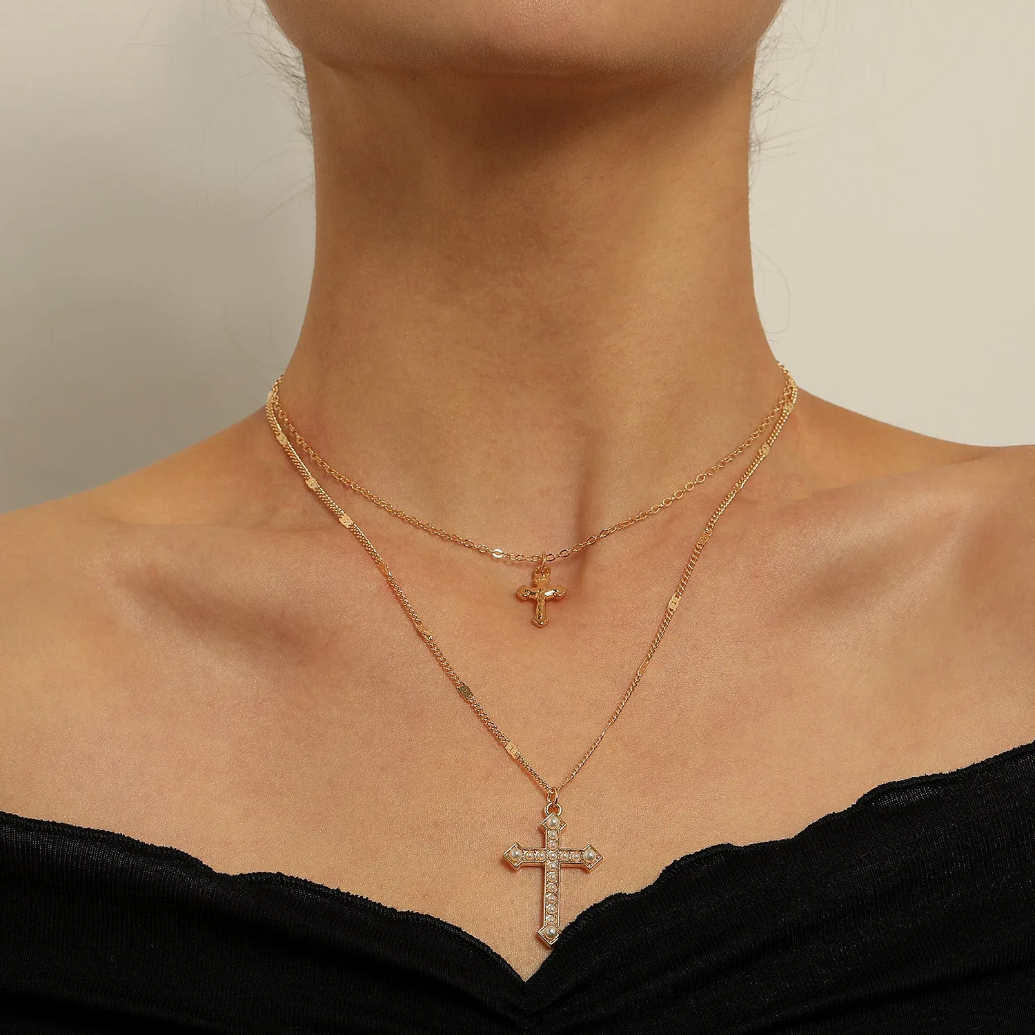 Large And Small Double-Layer Pearl Cross Pendant Necklace, Ladies' Simple Temperament Trendy Necklace