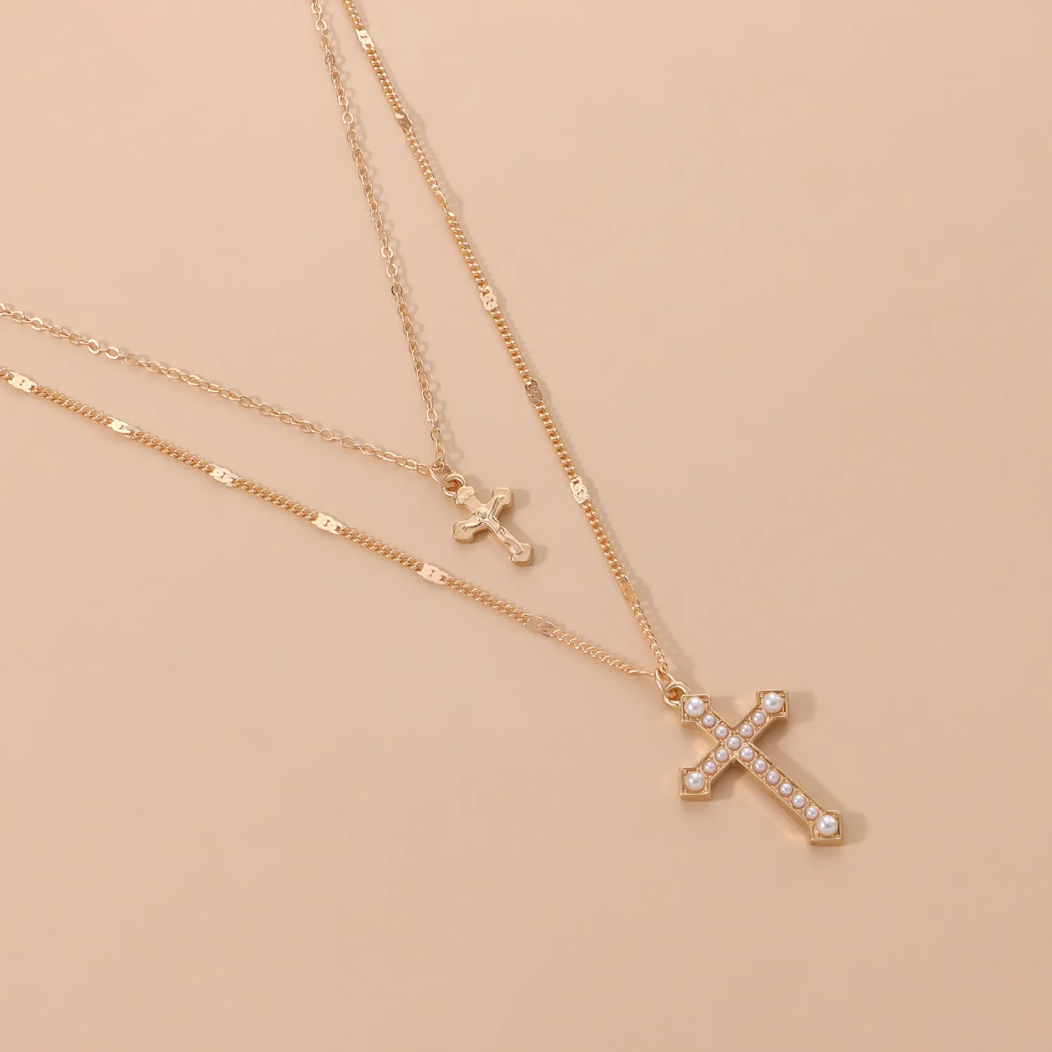 Large And Small Double-Layer Pearl Cross Pendant Necklace, Ladies' Simple Temperament Trendy Necklace