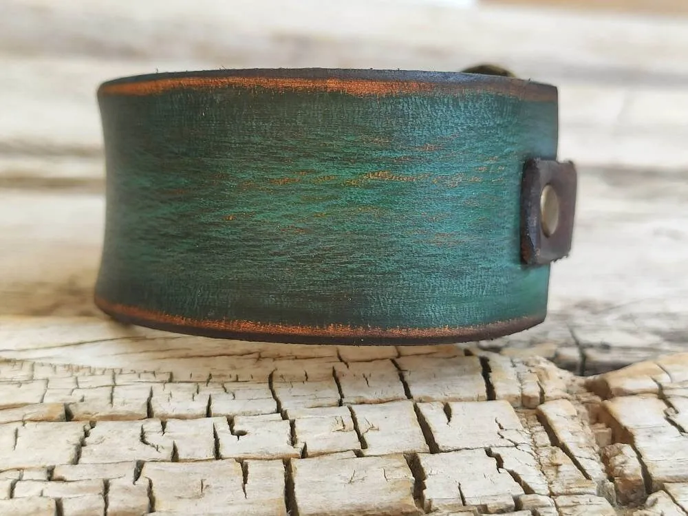 Leather Bracelet, Men Bracelet, Women Leather Jewelry, Leather Cuff, Unisex Bracelet,Boho Leather Jewelry, Green Leather Bracelet, Steampunk