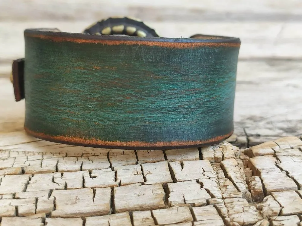 Leather Bracelet, Men Bracelet, Women Leather Jewelry, Leather Cuff, Unisex Bracelet,Boho Leather Jewelry, Green Leather Bracelet, Steampunk