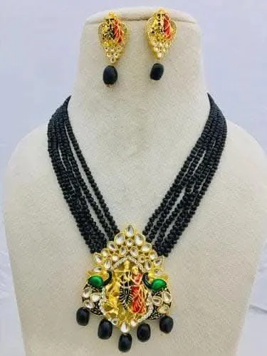 Meenakari kundan long necklace with earrings (black)