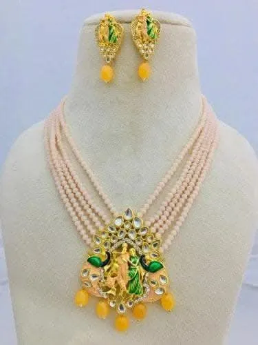 Meenakari kundan long necklace with earrings (light yellow)