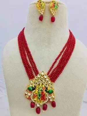 Meenakari kundan long necklace with earrings (red)