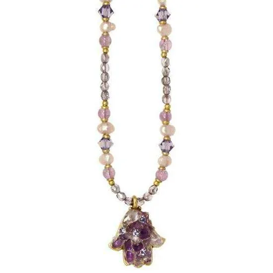 Michal Golan Amethyst and Pearl Beaded Hamsa Necklace