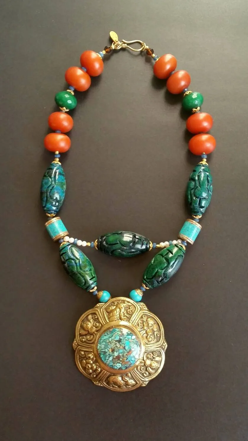 Mosaic Turquoise Dark Orange Amber Green Chrysocolla Pearl Brass Repousee Statement Necklace, NRR1532 SaRa Necklace