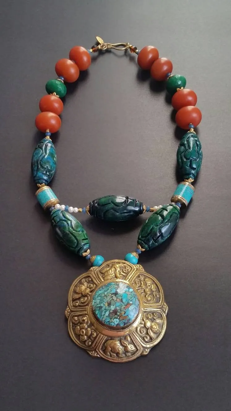 Mosaic Turquoise Dark Orange Amber Green Chrysocolla Pearl Brass Repousee Statement Necklace, NRR1532 SaRa Necklace