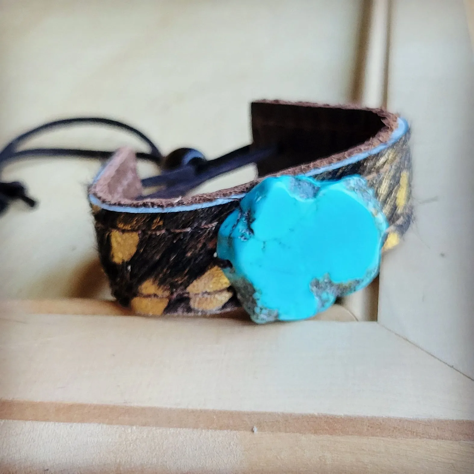 **Narrow Leather Cuff w/ Turquoise Slab-Dark Metallic Hair Hide 015c