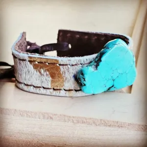 **Narrow Leather Cuff w/ Turquoise Slab-Gold Hair Hide 001j