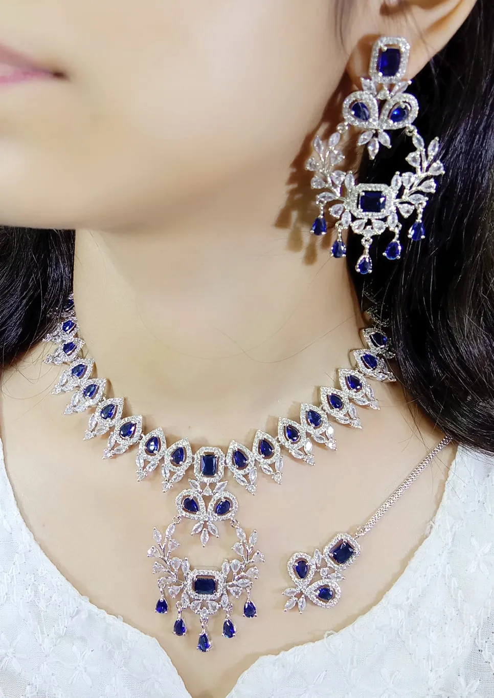 Necklace Earrings Maangtika AD Set, AD Jewellery Set, Mangtika CZ Jewelry, CZ Necklace, AD Earrings, Bridal AD jewelry Set, Wedding AD Earring With Mangtika