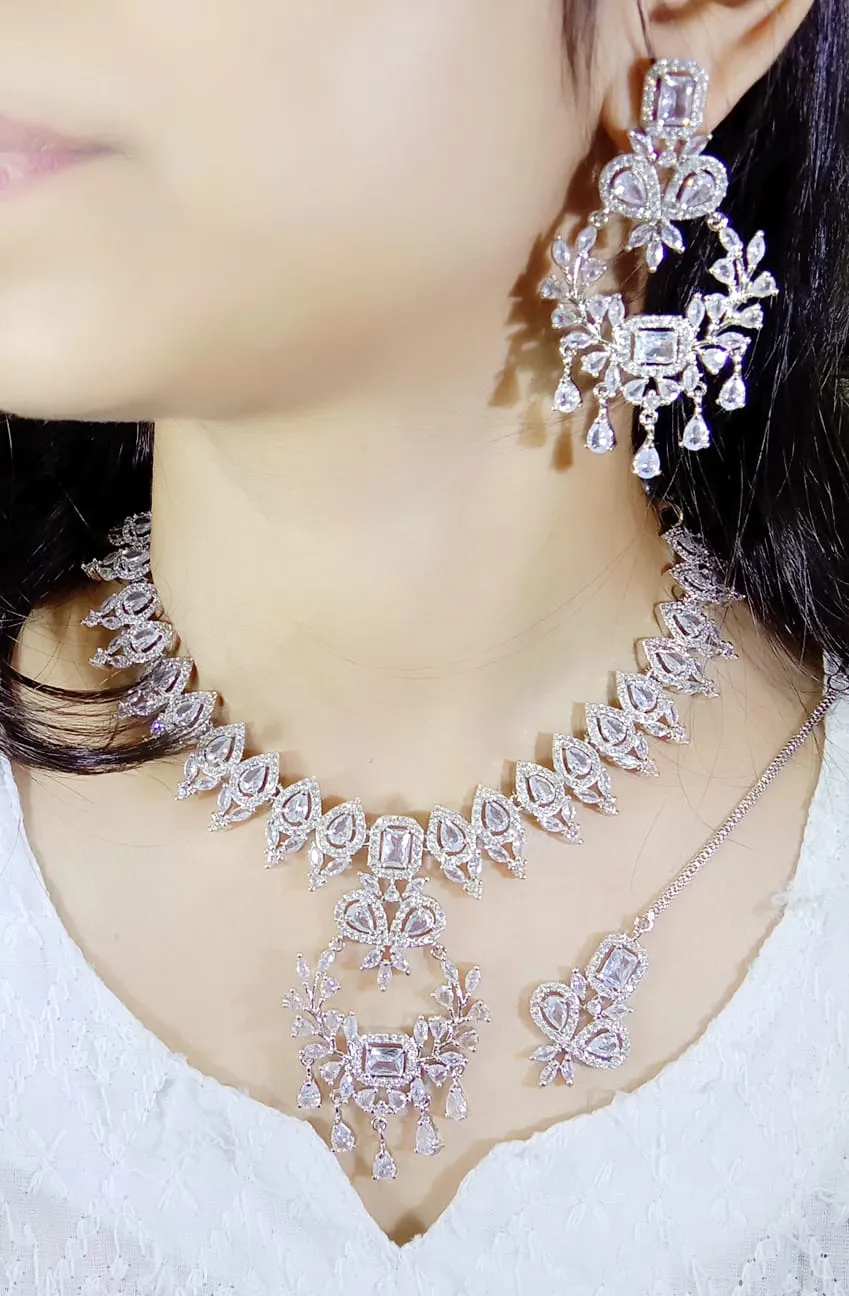 Necklace Earrings Maangtika AD Set, AD Jewellery Set, Mangtika CZ Jewelry, CZ Necklace, AD Earrings, Bridal AD jewelry Set, Wedding AD Earring With Mangtika