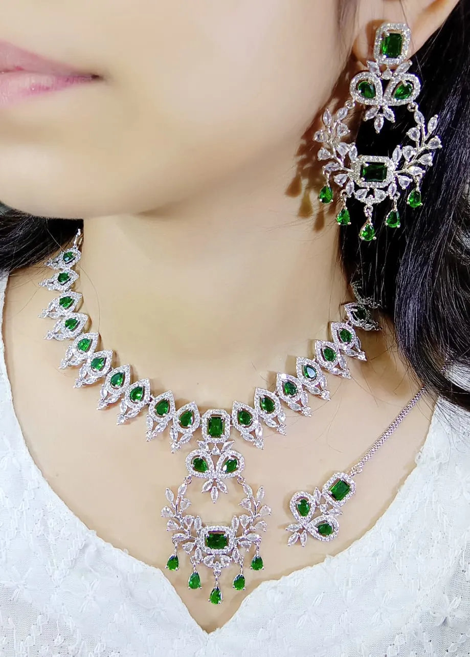 Necklace Earrings Maangtika AD Set, AD Jewellery Set, Mangtika CZ Jewelry, CZ Necklace, AD Earrings, Bridal AD jewelry Set, Wedding AD Earring With Mangtika