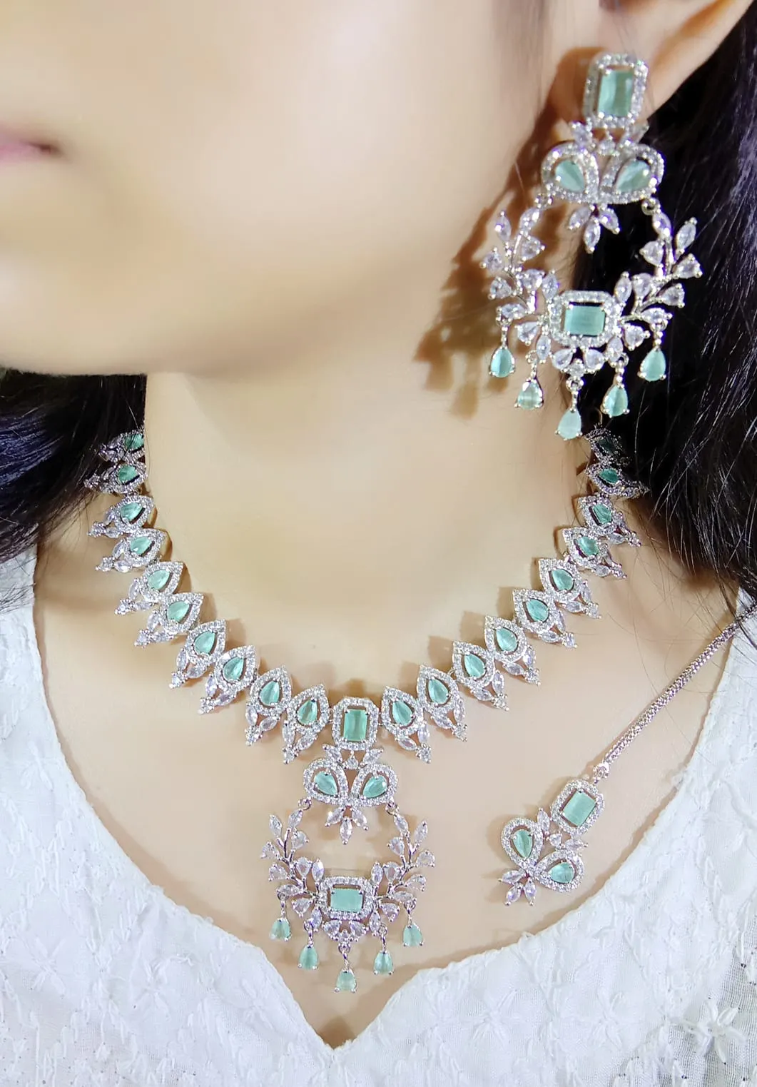 Necklace Earrings Maangtika AD Set, AD Jewellery Set, Mangtika CZ Jewelry, CZ Necklace, AD Earrings, Bridal AD jewelry Set, Wedding AD Earring With Mangtika