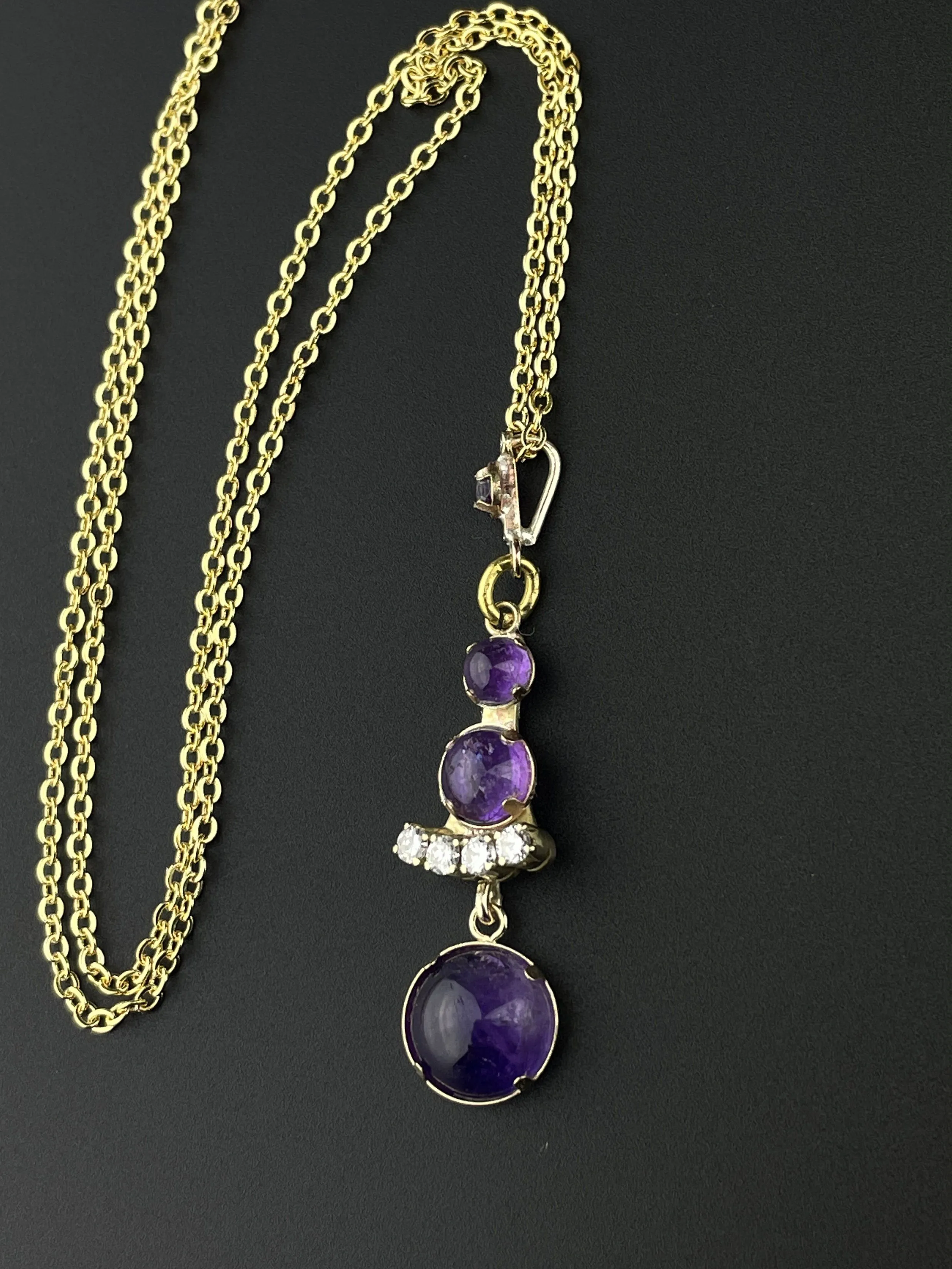 ON HOLD Gold Diamond Amethyst Cabochon Victorian Pendant Necklace