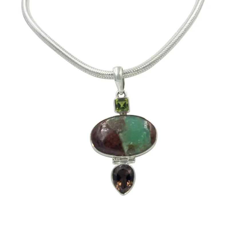 Oval-Shaped Serpentine Handcrafted Statement Pendant Accent with a Faceted Smoky Quartz