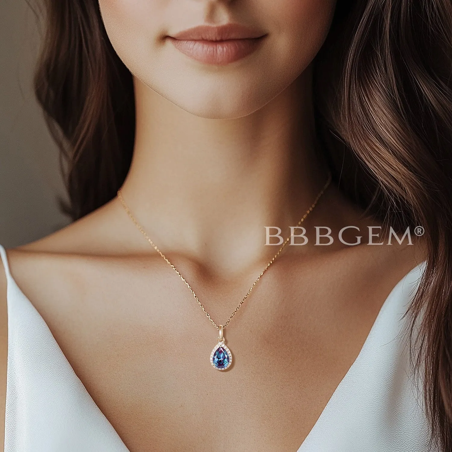 Pear Shaped Alexandrite Necklace Halo Moissanite Pendant