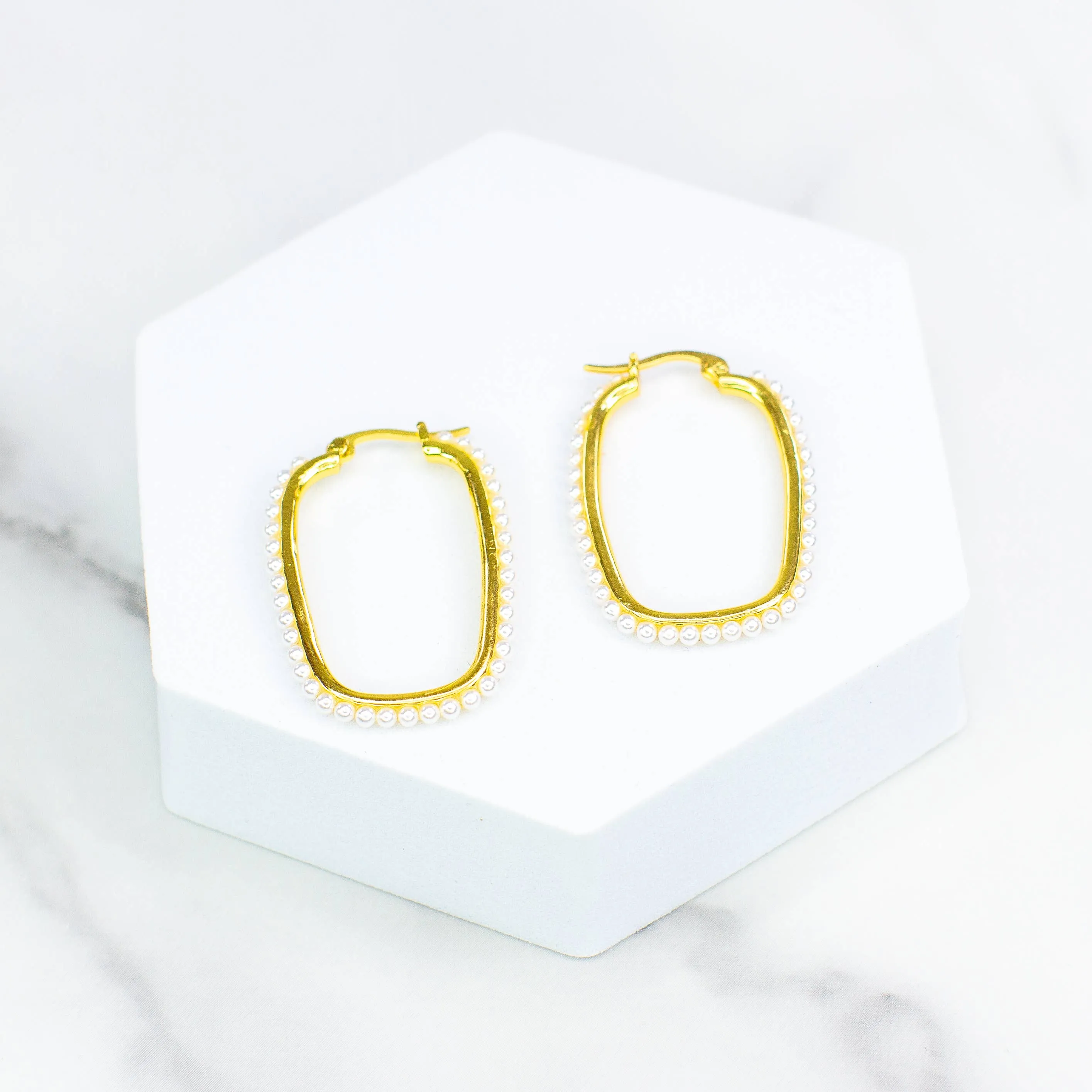 Pearl Rectangle Hoop Earrings