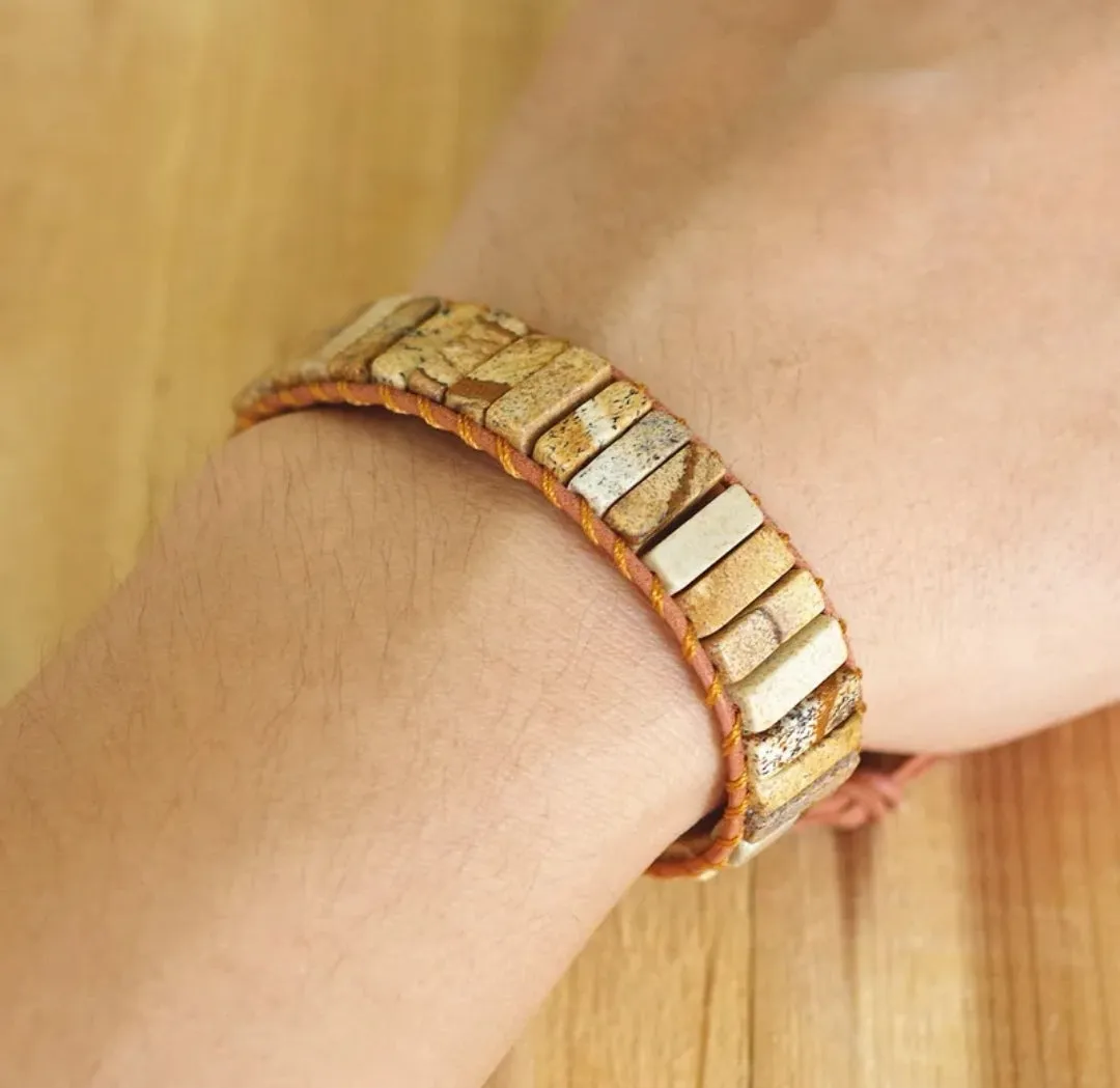 Picture Jasper Tubestone Leather Wrap Bracelet (Unisex)