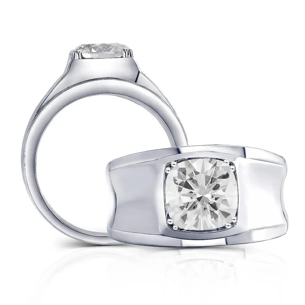 Platinum Plated Silver Wide Band Women Moissanite Ring 2ct