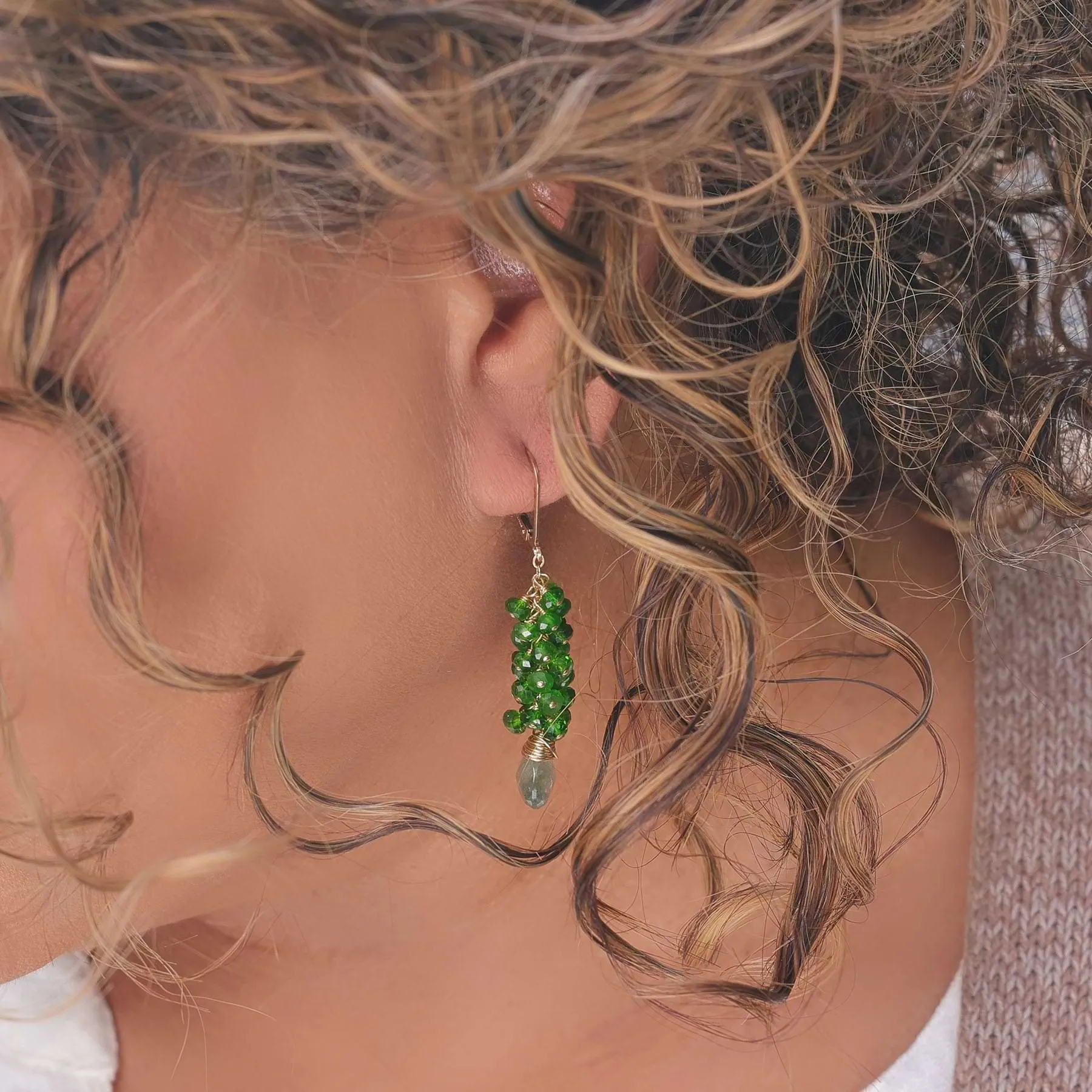 Rainmaker - Aquamarine and Chrome Diopside Cluster Gold Earrings