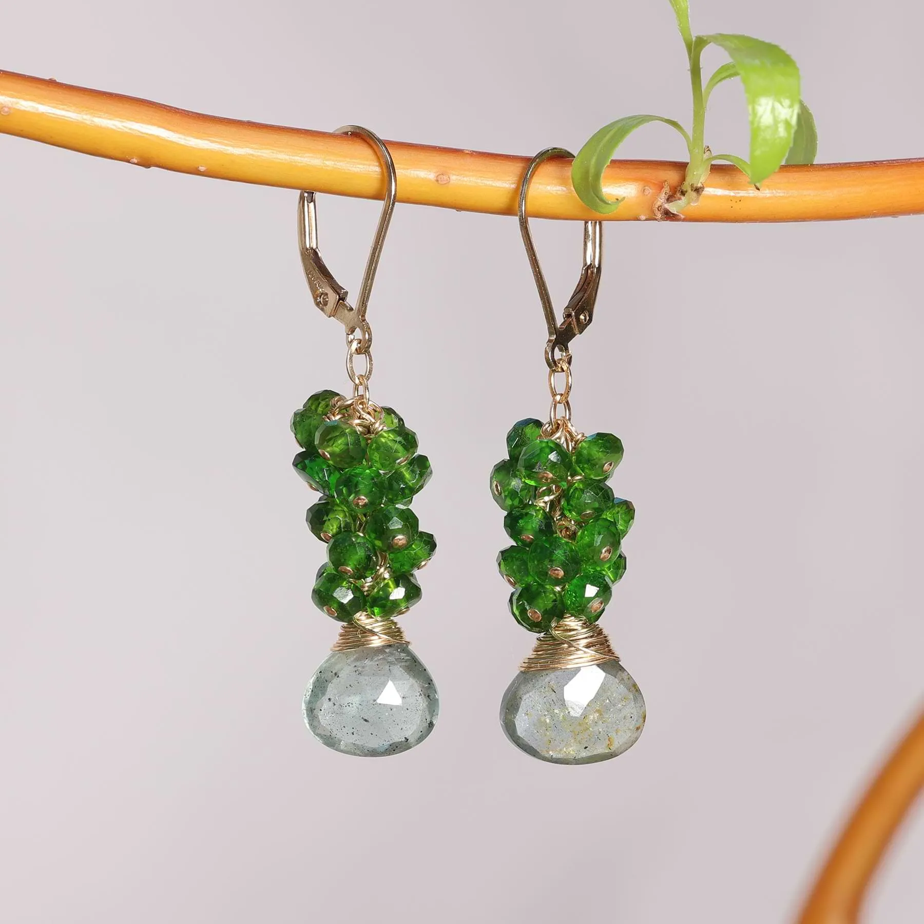 Rainmaker - Aquamarine and Chrome Diopside Cluster Gold Earrings