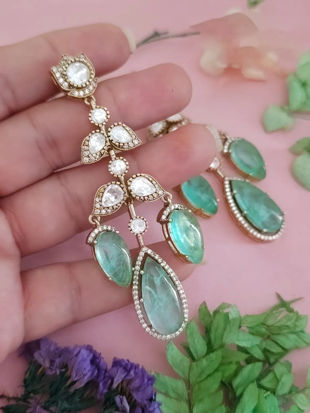 Royal Jaipuri Floral American Diamond Earrings Set, Royal CZ Earrings Set, Bollywood AD Earrings Set, Pakistani AD Earrings Jewelry Set